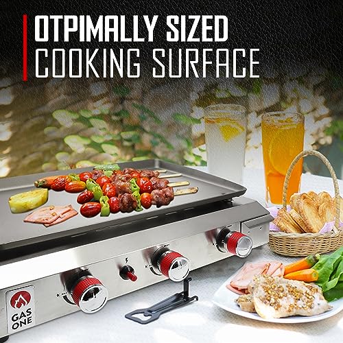 Gas One Flat Top Grill with 3 Burners – Auto Ignition Propane Portable Gas Grill – Premium Stainless Steel Body Tabletop Grill with Pre Season Griddle – Convenient Drip Tray – Ideal for RV, Camping Gas One