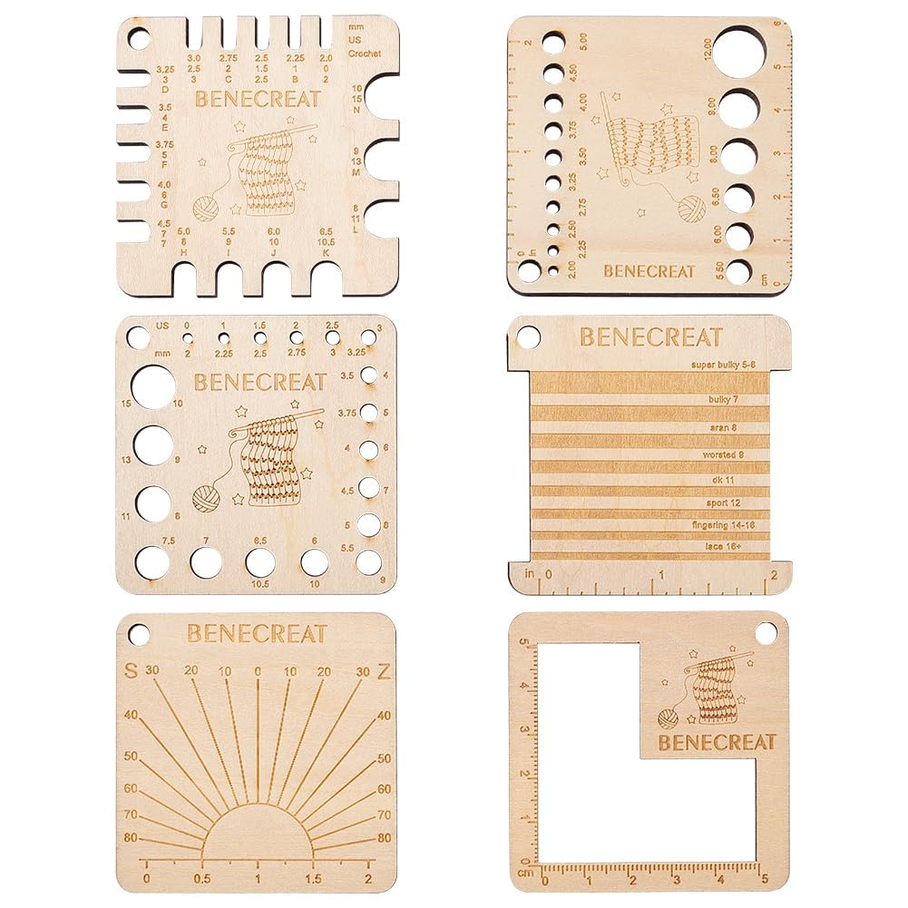 BENECREAT 6 Styles Wood Knitting Gauge Rulers, Square Crochet Hook and Yarn Wrap Guide Board Knitting Tool for Knitting Needle Spinners Yarn Measuring Crochet BENECREAT