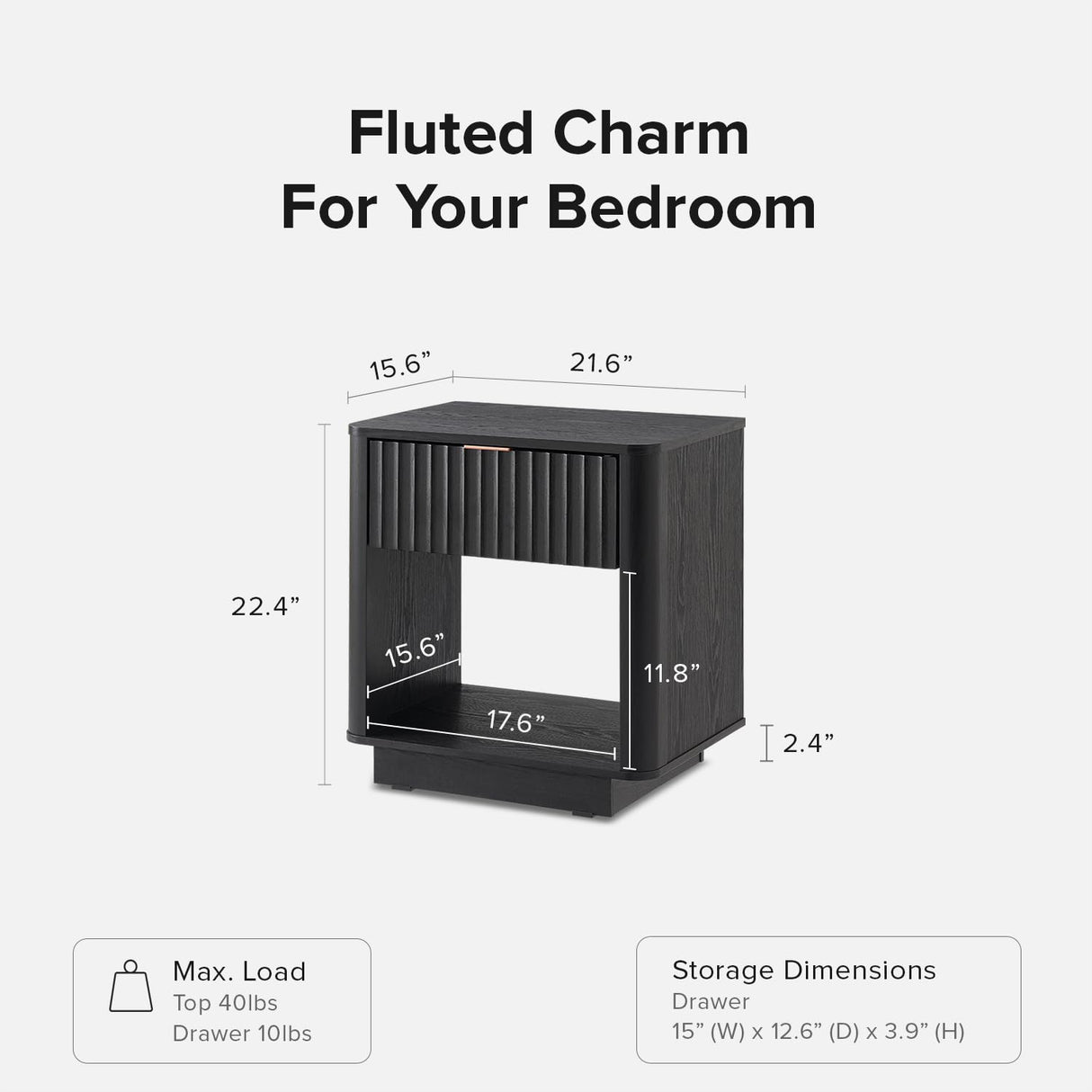 mopio Brooklyn Night Stand, Modern Farmhouse Nightstand, Small Side Table, Bedside Table with Drawer, End Table with Storage, Fluted Panel, Curved Profile (Black Oak, Single) mopio