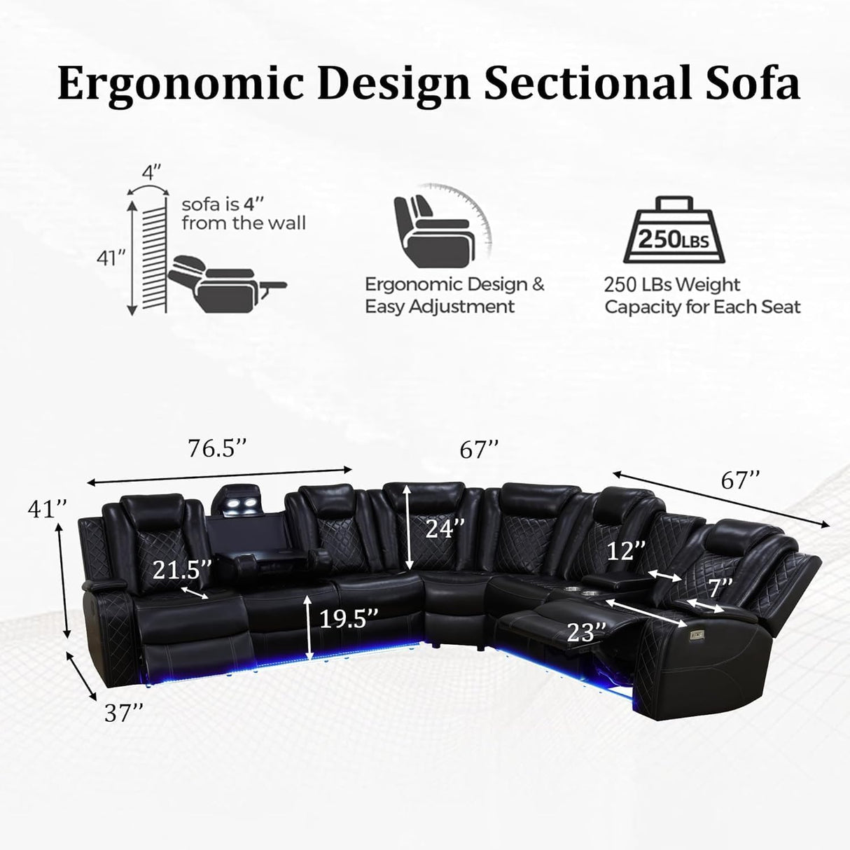 Power Recliner Sectional Sofa with LED Light, Breathing Leather Recliner Sofa Couch with Wireless Charger/Cup Holder for Living Room Home Office Theater (All Black) Pon Living Furniture Inc
