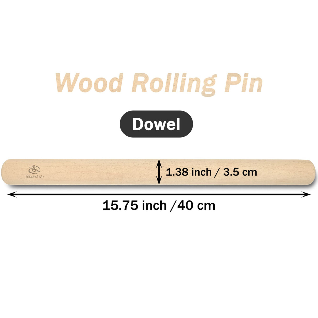 Bakehope Rolling Pin for Baking Pasta Pizza Bread, Natural Beech Wood Dough Roller(15.75 Inches, dowel) Bakehope