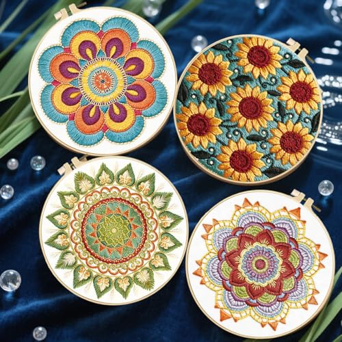 FREEBLOSS 4 Sets Embroidery Kit for Beginners Needlepoint Embroidery Starter Kit with Mandala Stamped Patterns, Instructions, Colored Threads, 2 Hoops 20cm/7.9inch