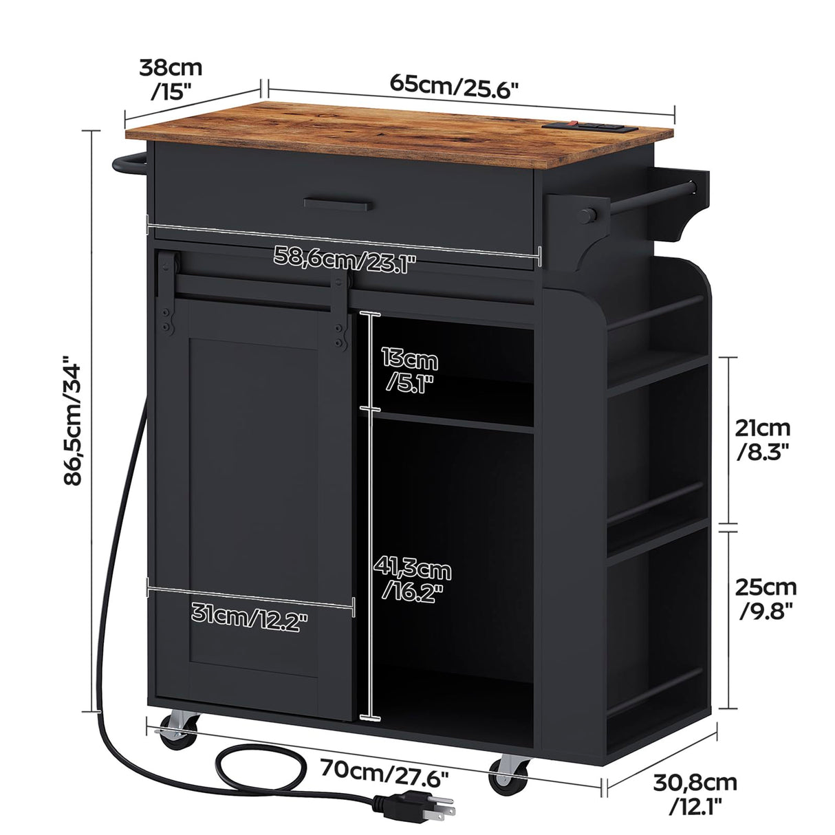 YATINEY Kitchen Island with Storage, Kitchen Storage Cabinets with Charging Station, Kitchen Island on Wheels, Rolling Island Table with Sliding Cabinet Door, Black and Rustic Brown ZD01UBR YATINEY