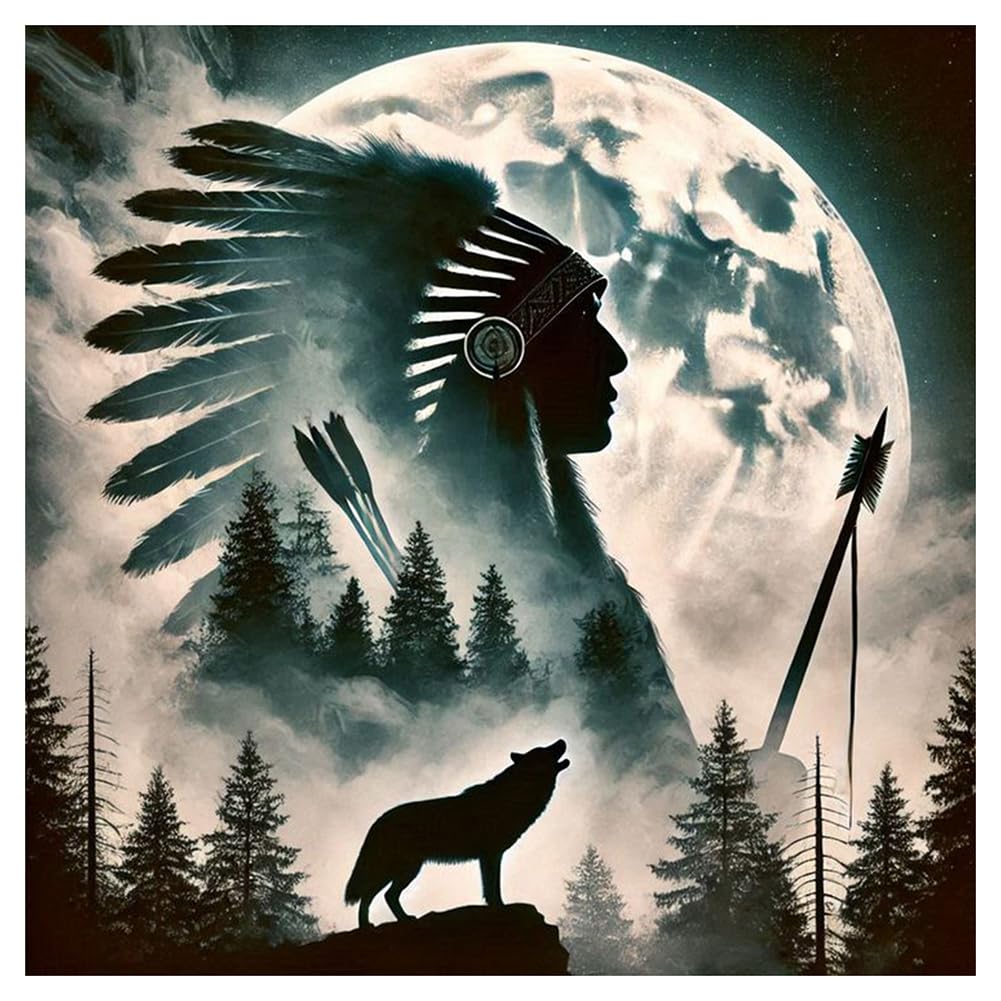 DPDAKIT Wolf Diamond Art Kits for Adults, Native American Diamond Painting Kits for Beginner, 5D DIY Round Full Gem Art Crafts for Home Wall Decor Gift, 12x12inch DPDAKIT