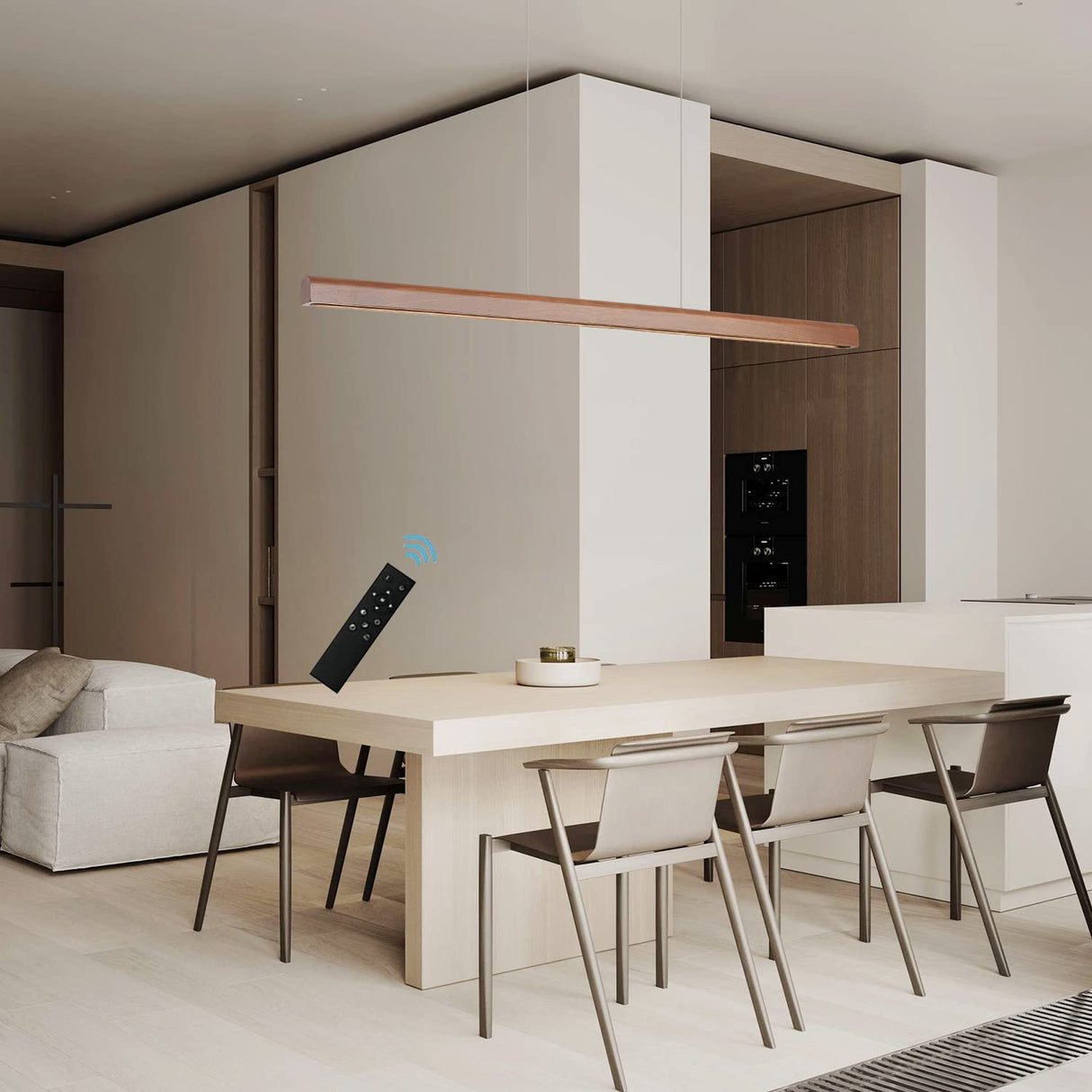 47.2" Wood Linear Pendant Light 34W Led Dimmable Dining Pendant Light Wood Kitchen Island Lights Ceiling Pendant Hanging Light for Dining Room Office studing Walnut Color(Ash Wood) YISDESIGN