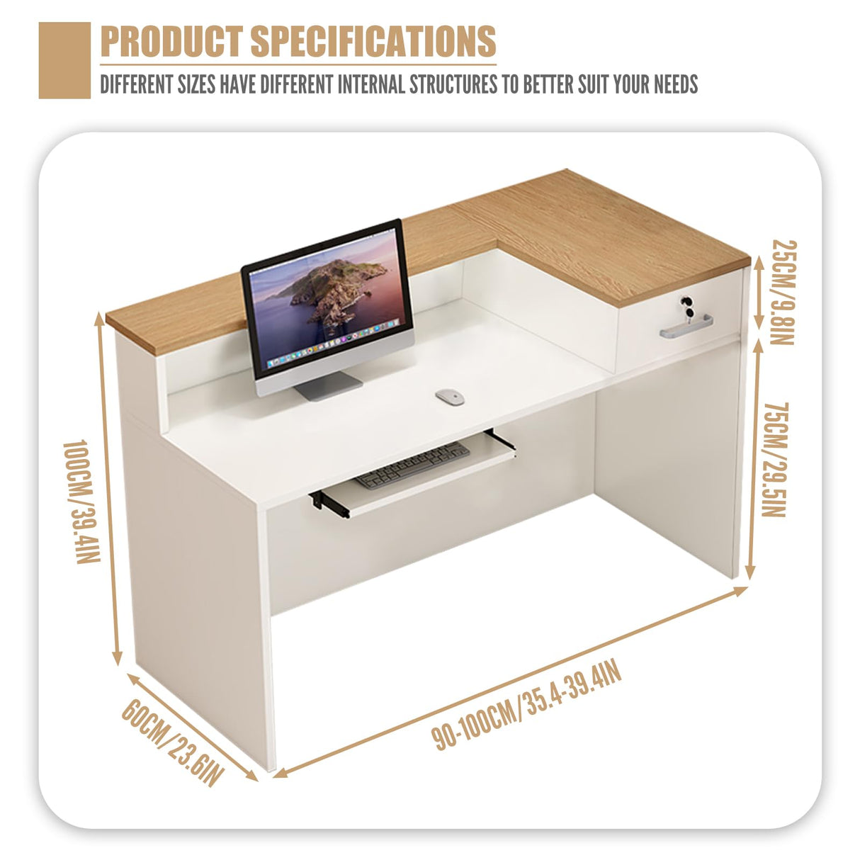 Reception Desk with Counter Modern, 35.4-118.1'', Solid Wood Ecological Board, Large Storage Space,Lockable Storage Drawers, for Salons, Offices, Lobbies, Retail Stores and Home Offices EQWZUPD