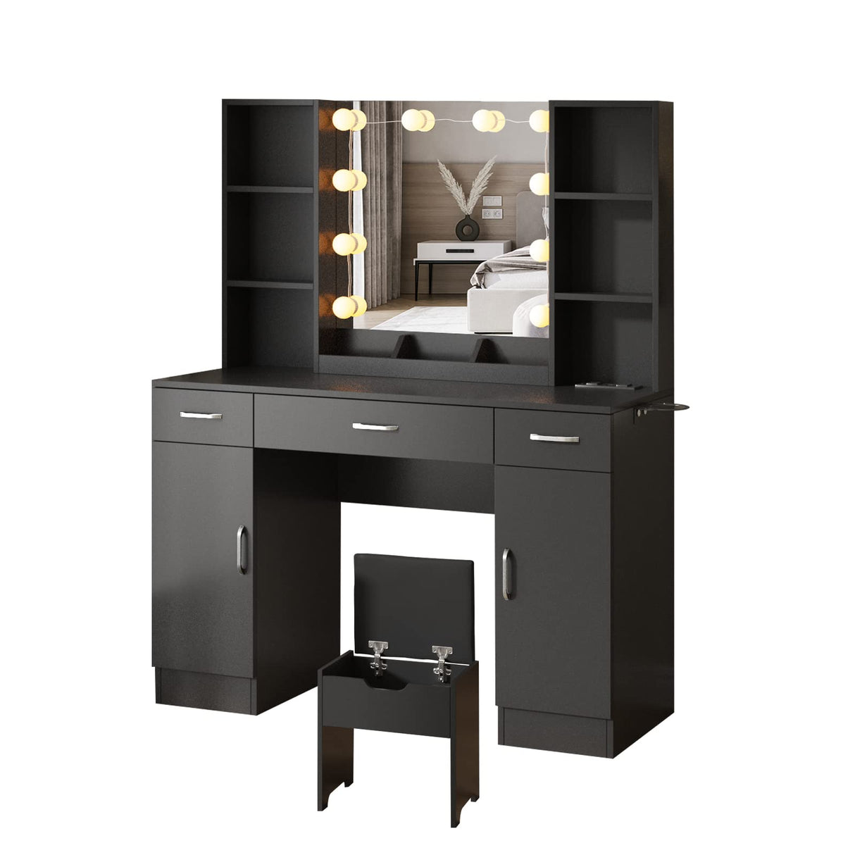Vabches Makeup Vanity Table with Lighted Mirror & Power Strip, Large Vanity Set Vanity Desk with Lots Storage, 3 Lighting Modes, Brightness Adjustable, 45.2in(Large, Black) Vabches