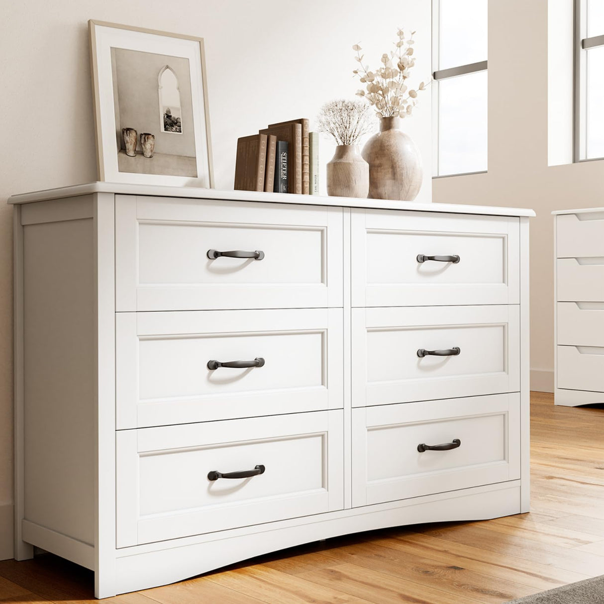 Gizoon 6 Drawer Dresser for Bedroom,47'' Larger Chest of Drawers with Mental Handle for Kids Room, White Dresser with 6 Storage Drawers for Living Room, Entryway and Hallway, White Gizoon