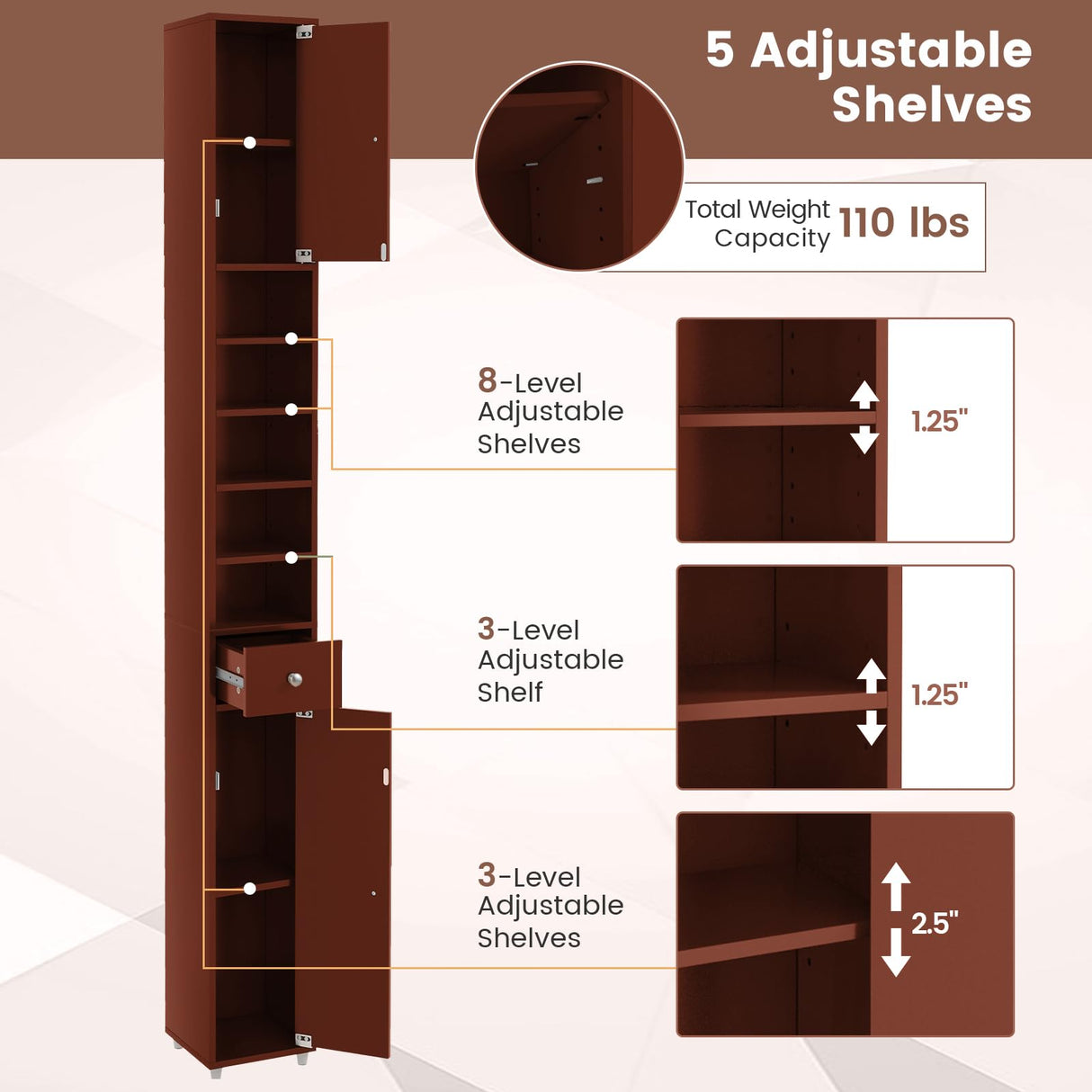 Tangkula Tall Slim Bathroom Storage Cabinet, 71" Freestanding Bathroom Cabinet w/ 2 Doors, 1 Drawer & 5 Adjustable Shelves, Floor Narrow Tower Cabinet for Small Spaces, 8" x 8" x 71" (Brown) Tangkula