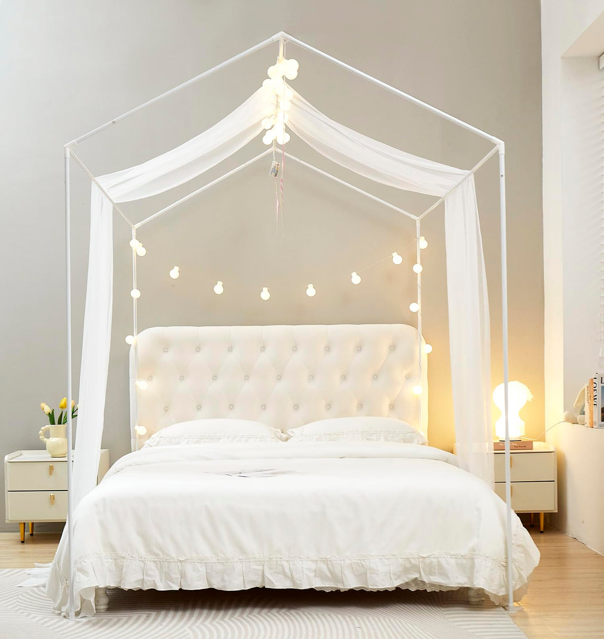 Mengersi House Bed Canopy Bed Curtains with Lights,Montessori Floor Bed Canopy for Girls Boys,Four Poster Bed Curtains House Bed Decoration (Twin/Twin XL, White) Mengersi