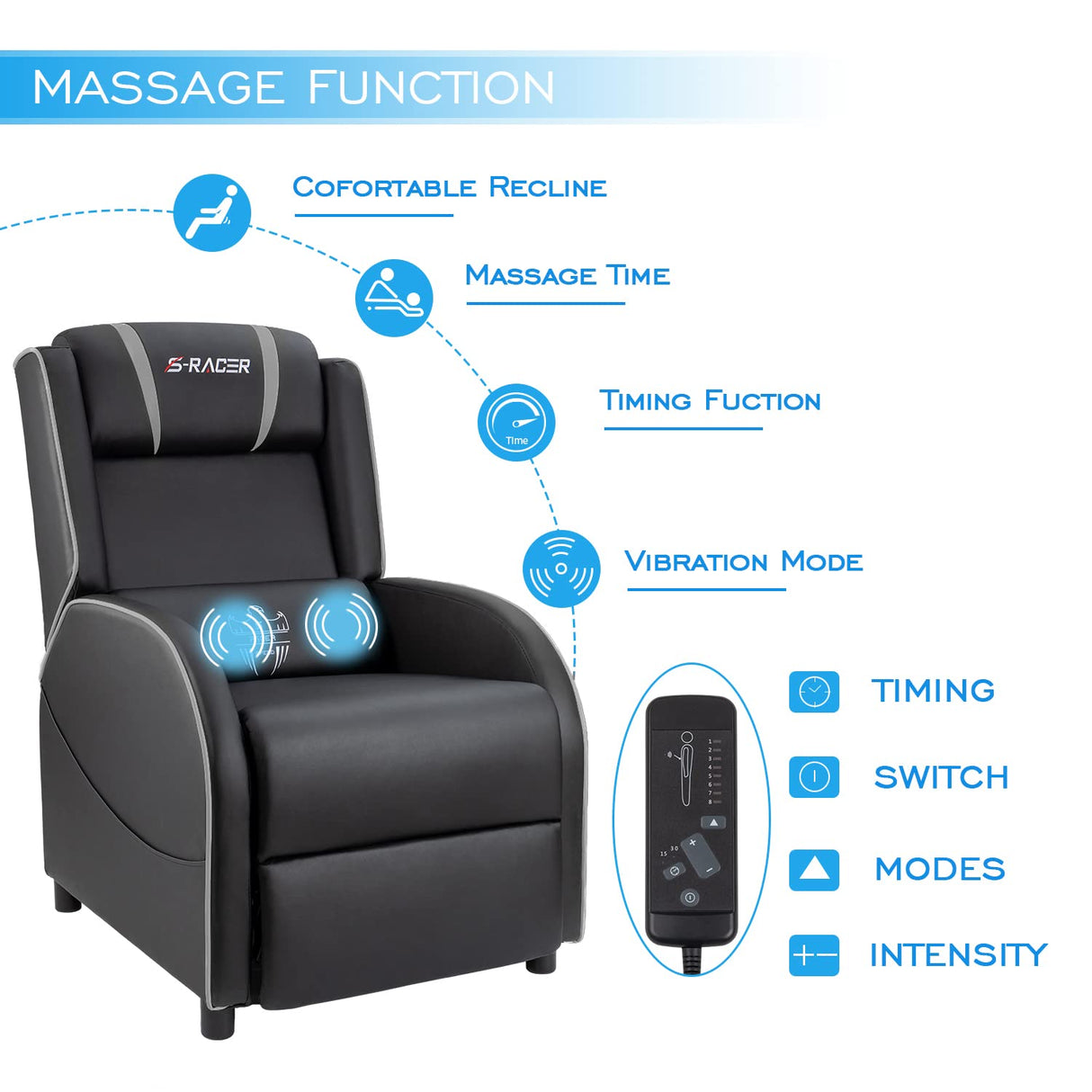 Homall Massage Gaming Recliner Chair, Racing Style Gaming Sofa, PU Leather Home Theater Seat, Living Room Ergonomic Comfortable Gamer Lounge(Grey) Homall