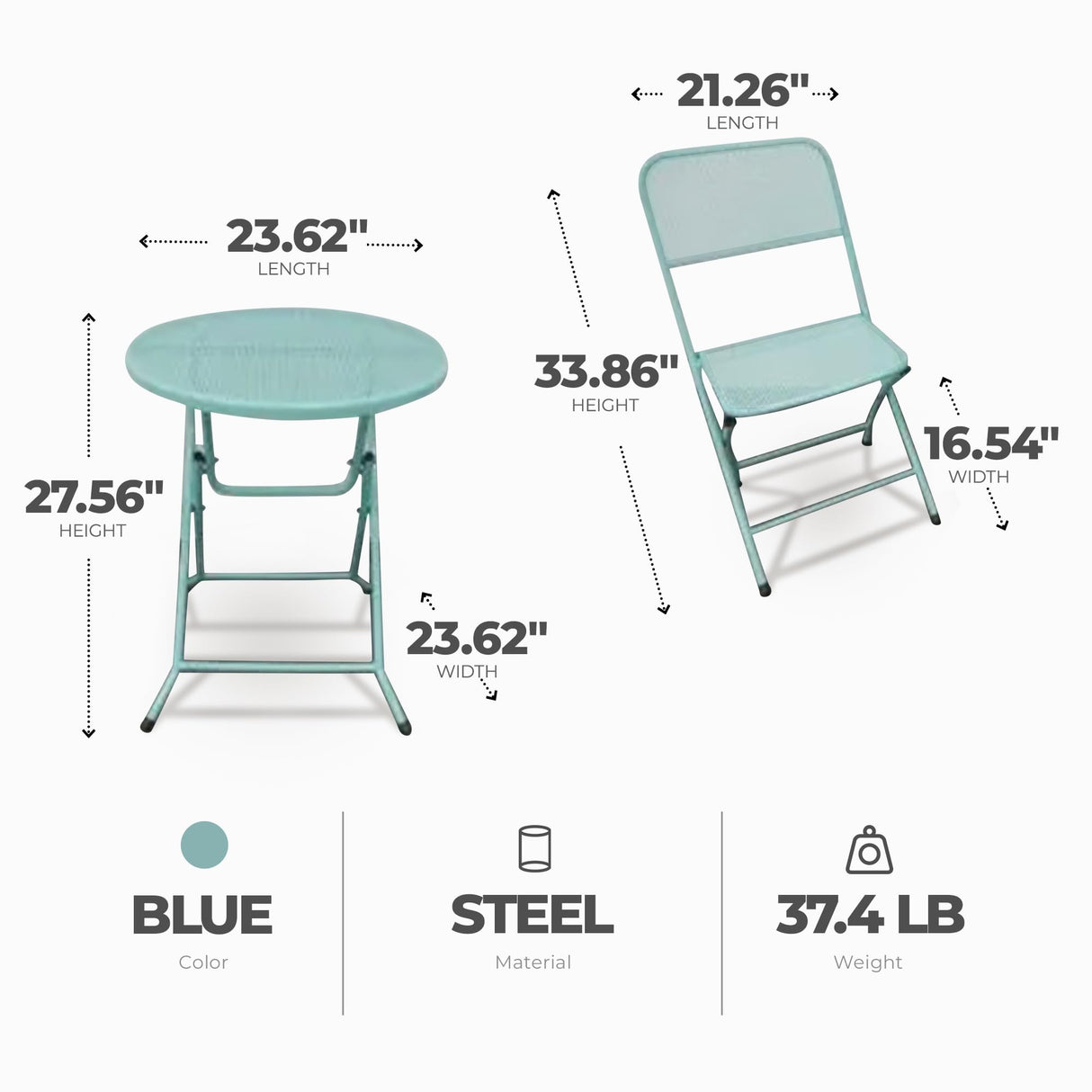 Four Seasons Courtyard Padova Foldable 3 Piece Powder Coated Steel Mesh Outdoor Patio Bistro Dining Set, Includes 1 Table and 2 Chairs, Blue Four Seasons Courtyard