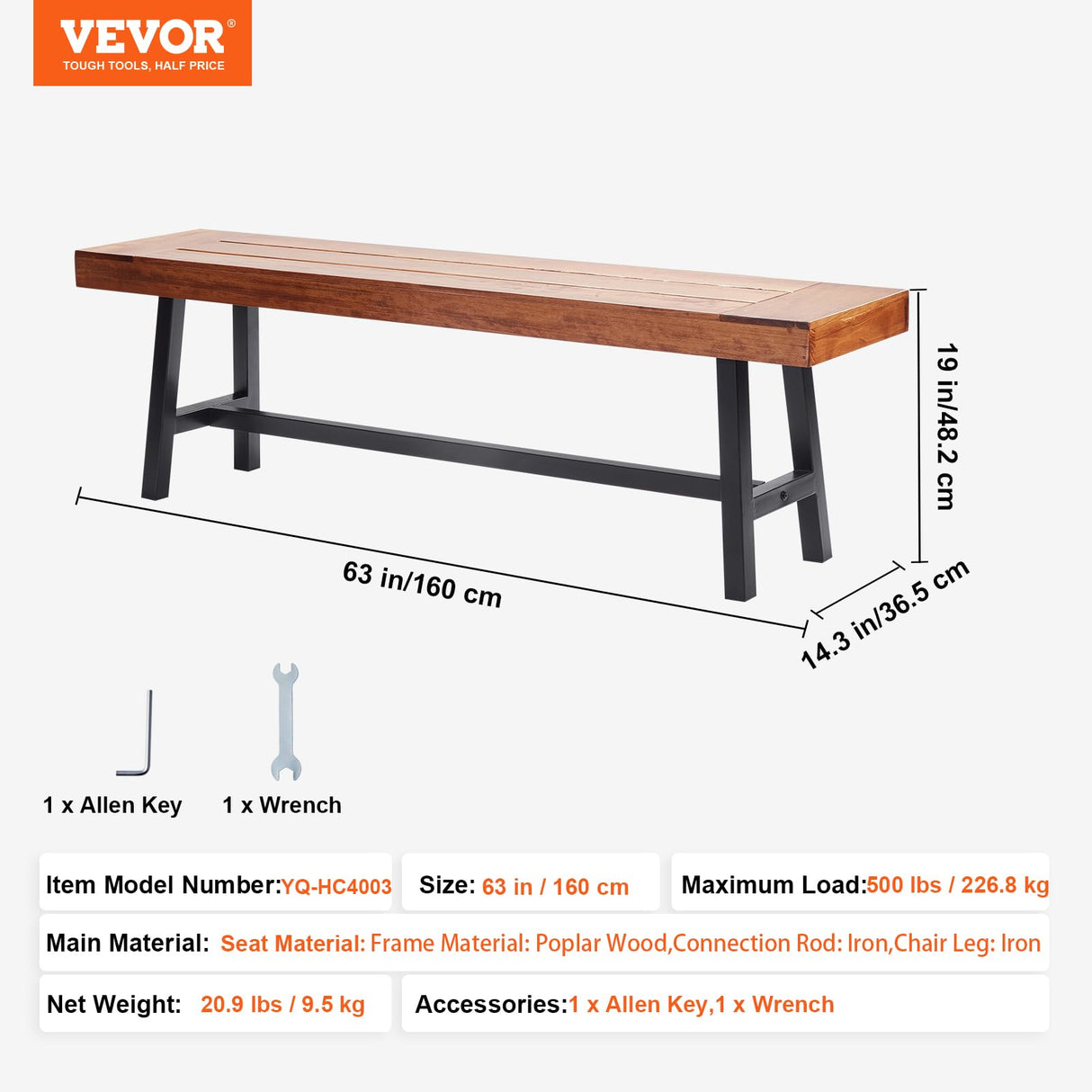 VEVOR 63 inch Outdoor Wood Bench Metal Leg, Solid Wood Garden Bench,Outdoor Backless Bench Weatherproof,Never Rot or Fade Patio Bench for Garden, Park, Yard, Front Porch VEVOR