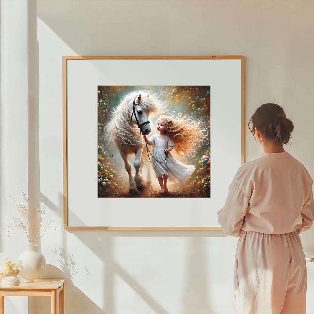 DIADAY Diamond Art Kits for Adults Horse, 5D Horse and Girl Diamond Painting Kits for Adults, Full Drill Round Gem DIY Diamond Dots Art Craft Home Wall Decor Gift 12 x 12 Inches DIADAY