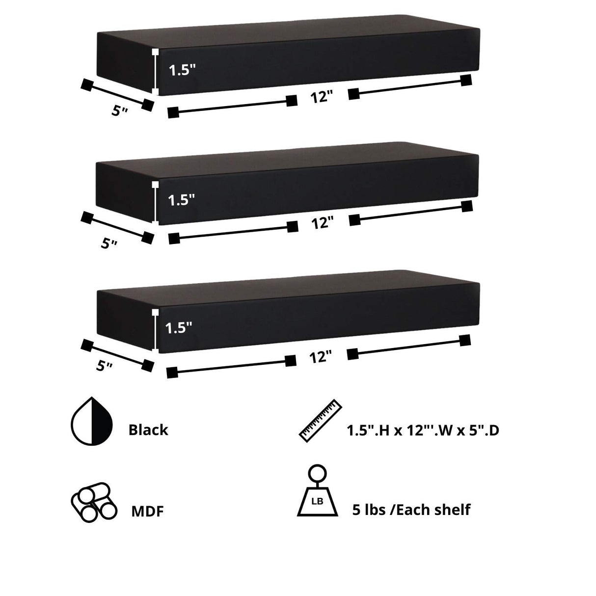 Kiera Grace Modern Floating-Shelves, Pack of 3, Black, 3 Count Kiera Grace