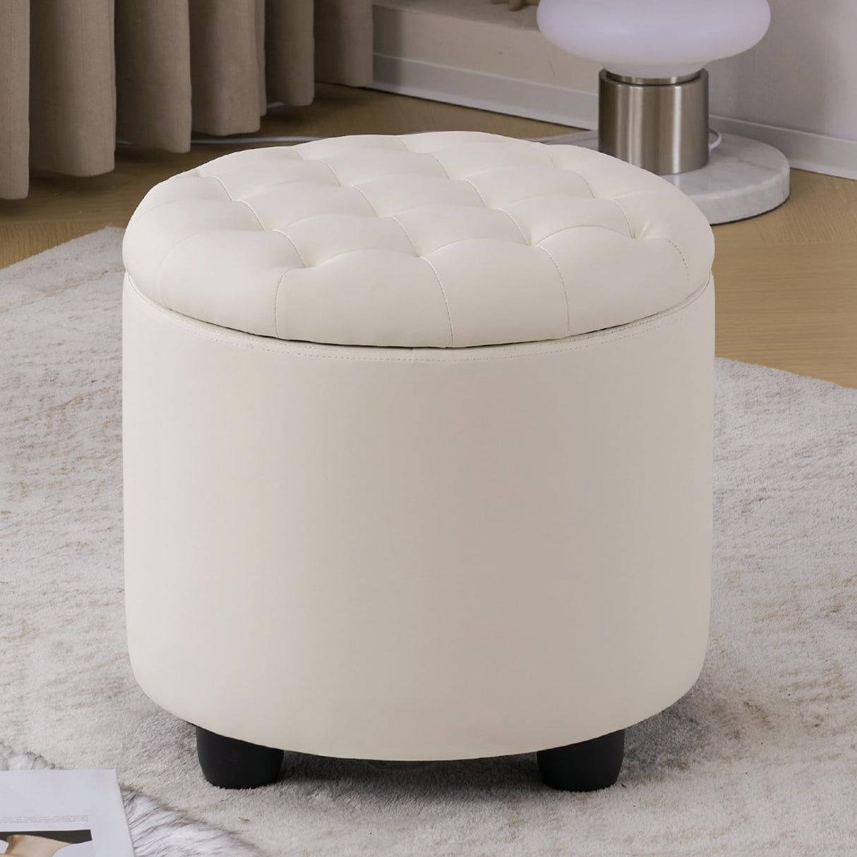 Furniliving Upholstered Button Tufted Round Ottoman, PU Storage Ottoman Round, Removable Lid Convenient Footstools, Classic Ottoman with Storage for Vanity, Nursery Room,IvoryWhite Furniliving