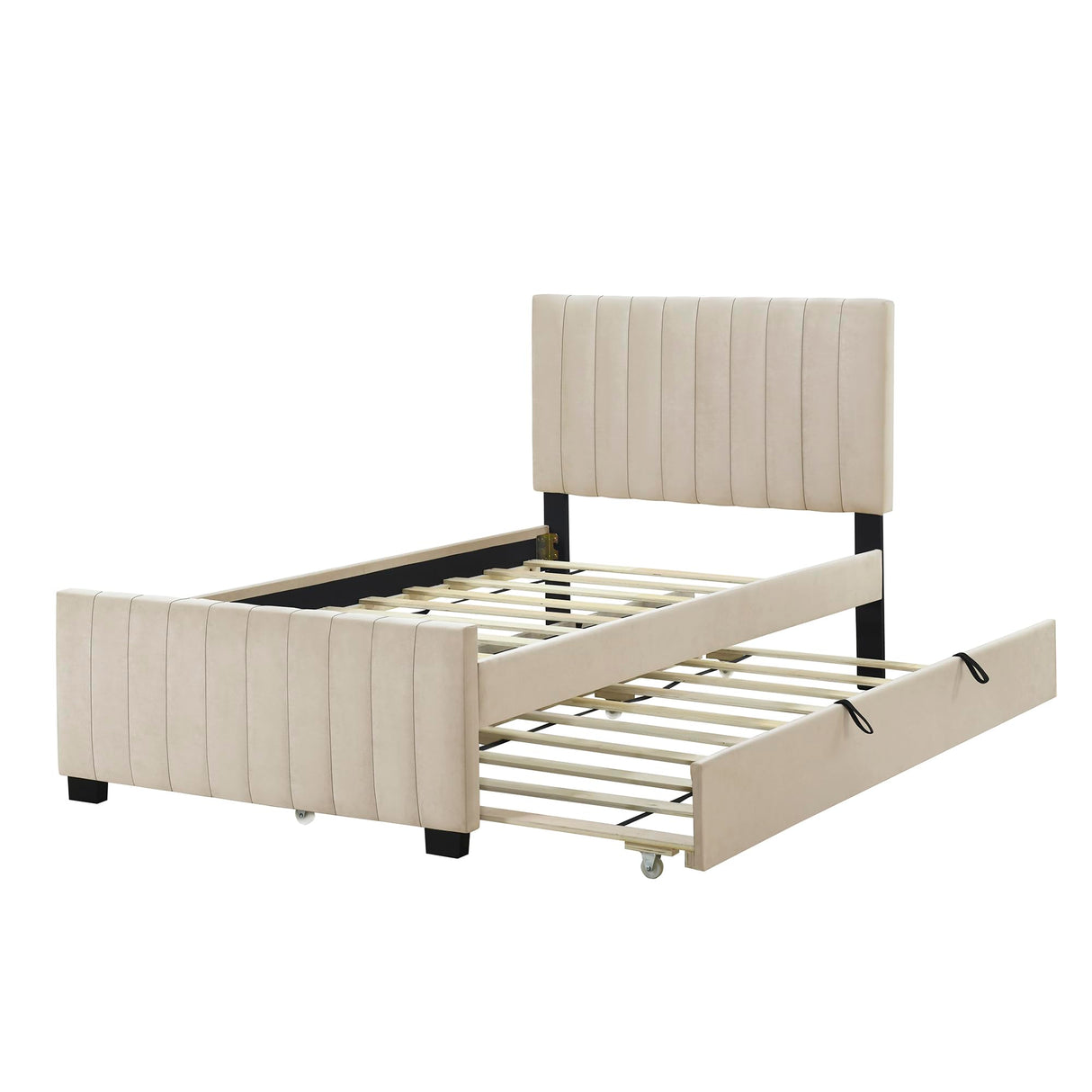 Merax Twin Size Velvet Upholstered Platform Bed, Wood Bed Frame with Twin Size Trundle, Beige Merax