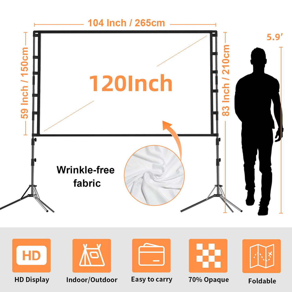 Projector Screen and Stand,GAINVANE 120 inch Portable Projector Screen Indoor Outdoor Projection Screen 16:9 4K HD Wrinkle-Free Light-Weight Movie Screen with Carry Bag for Backyard Movie Night GAINVANE