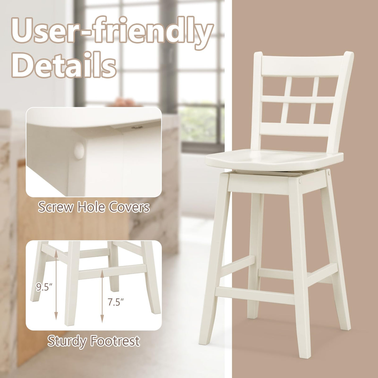 Giantex 24.5" Bar Stools Set of 4, Farmhouse Swivel Barstools with 6-Grid Hollow Back & Ergonomic Contoured Seat, Footrest, Wooden Counter Height Bar Stools for Kitchen Island, Bar, Cafe, White Giantex