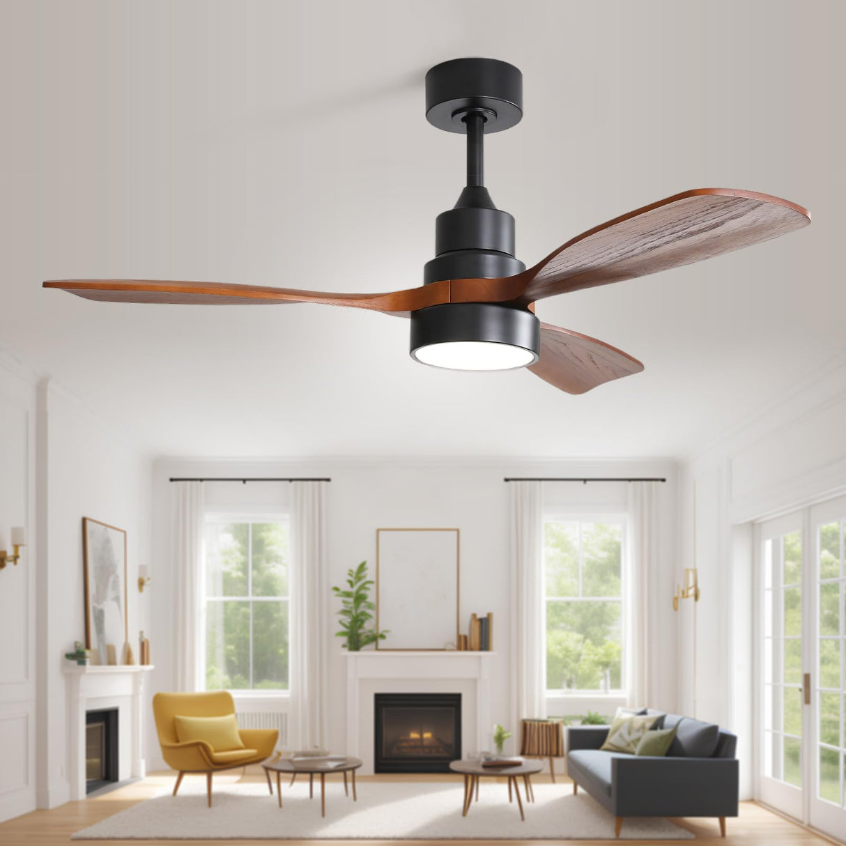 Sofucor 48 Inch Smart Ceiling Fan with Lights and Remote/APP Control, Compatible with Alexa/Google, 3 Blade Brown Black Solid Wood Low Profile Ceiling Fan for Indoor Outdoor Bedroom Farmhouse Patio Sofucor