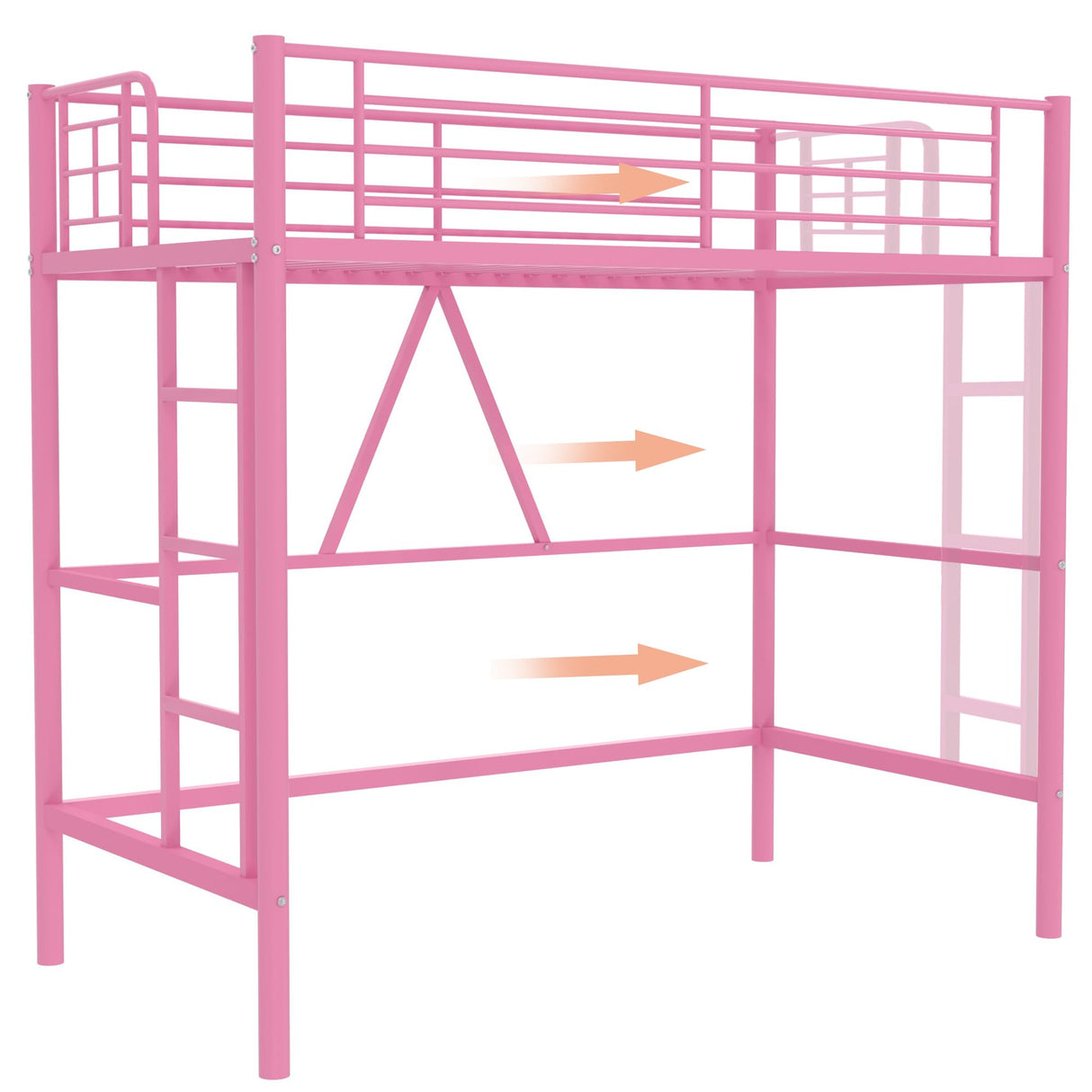 VECELO Loft Bed Twin Size, Metal Bedframe with Removable Ladder and Safety Guardrail, No Box Spring Needed, Space Saving, Noise Free, Pink VECELO