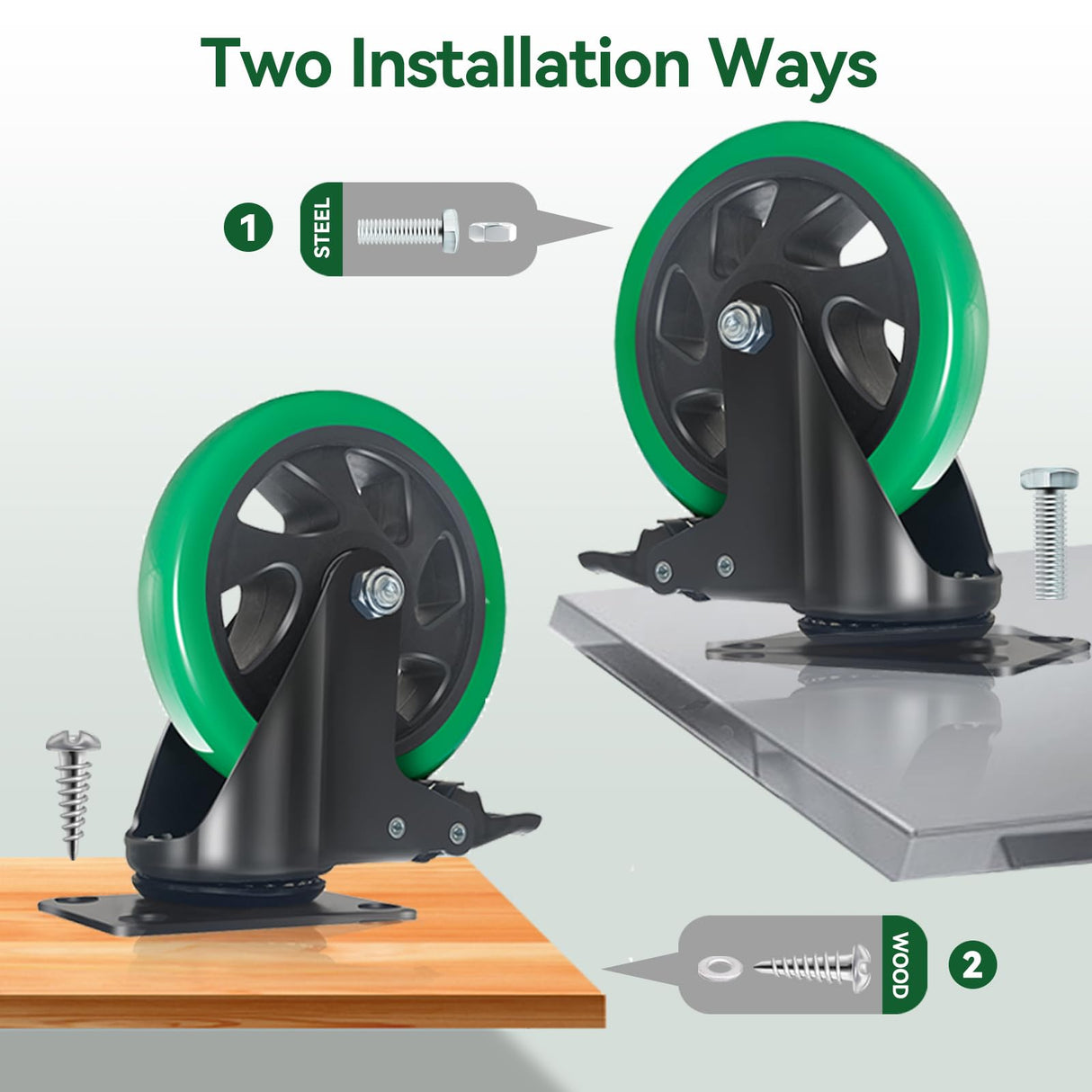 6 Inch Caster Wheels, Casters Set of 4 Heavy Duty, BZOLIHEU Locking Casters, Silent Top Plate Swivel Casters with Brake, Polyurethane Green Castor Wheels for Furniture and Workbench Cart BZOLIHEU