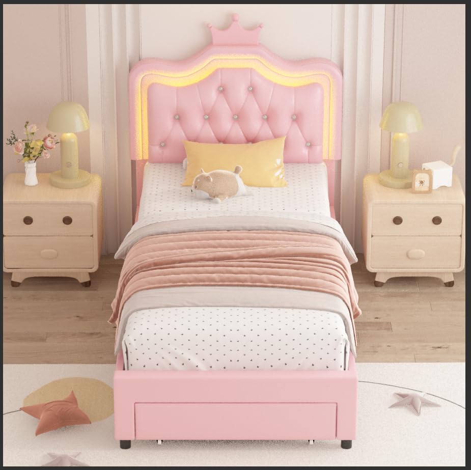 Keyluv Twin Upholstered LED Bed Frame with Storage Drawer, Leather Princess Platform Bed with Adjustable Crystal Button Tufted Crown Headboard, Solid Wooden Slats Support, No Box Spring Needed, Pink Keyluv