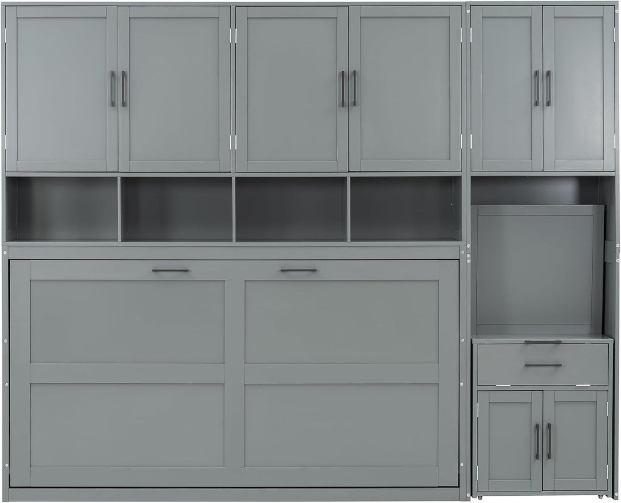 Virubi Twin Horizontal Murphy Bed with Desk and Wardrobe Closet,Wood Twin Folding Murphy Wall Bed with Storage Shelves Cabinets and Drawers for Adult (Grey) Virubi