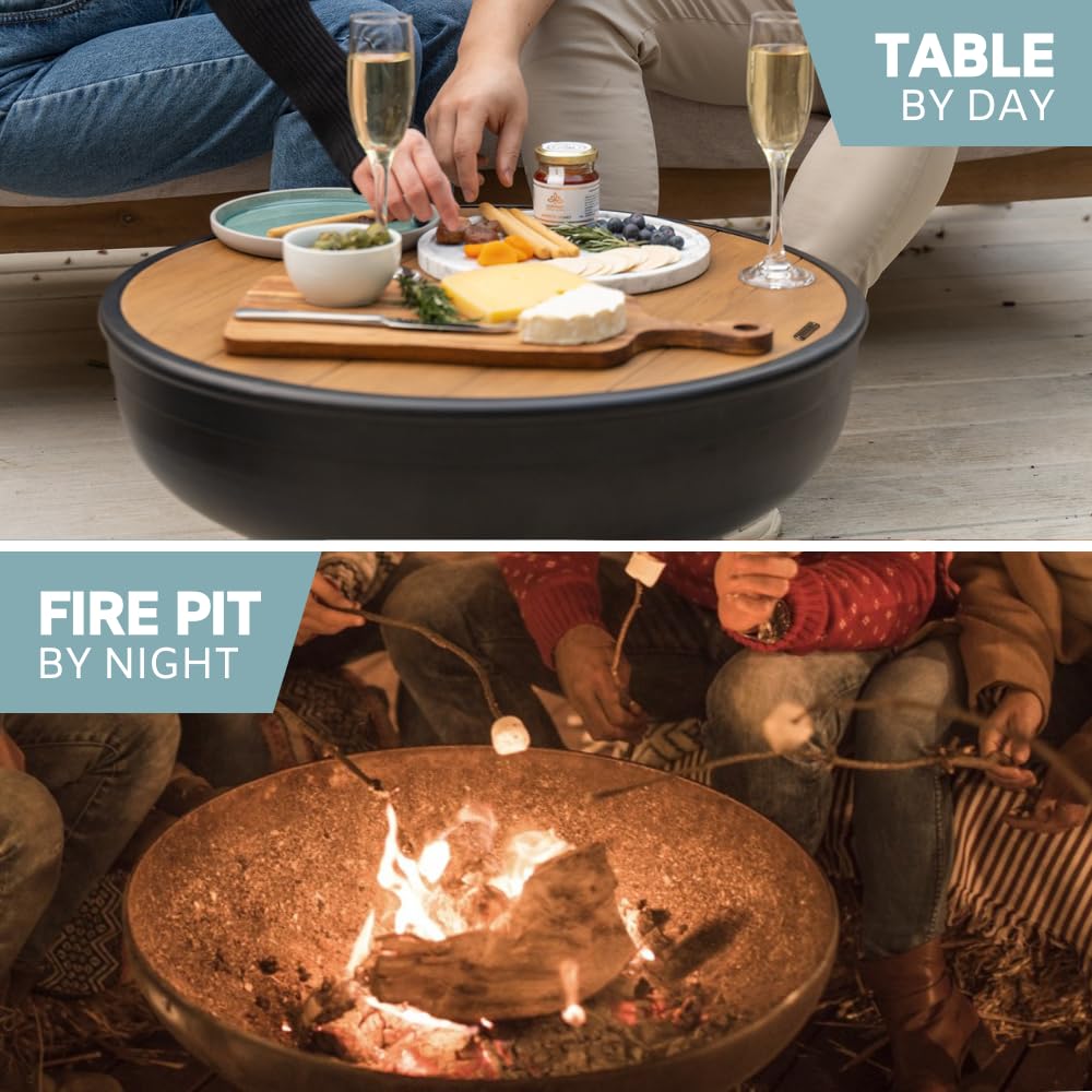 DENKOE Cast Iron Fire Pit Table with Lid, Extra Thick and Heavy Duty Fire Bowl, Deep Round Firepit for Outdoor Bonfire Gatherings, Wood Burning Firepits for Outside Patio, Modern Outdoor Fire Pits DENKOE