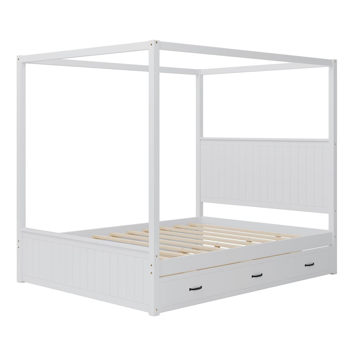 JIJIWANG Modern Queen Size Canopy Platform Bed with Trundle and Three Storage Drawers,4-Post Solid Wood Bed Frame with Headboard,No Box Spring Needed,White JIJIWANG