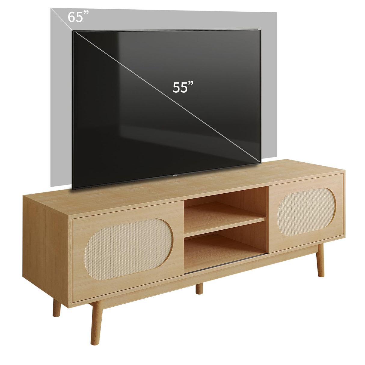 VOWNER Farmhouse Rattan TV Stand for 55/60/65 inch TV, Modern Entertainment Center with Natural Rattan Door and 2 Open Shelves, TV Console Table for Living Room, Wood Color VOWNER