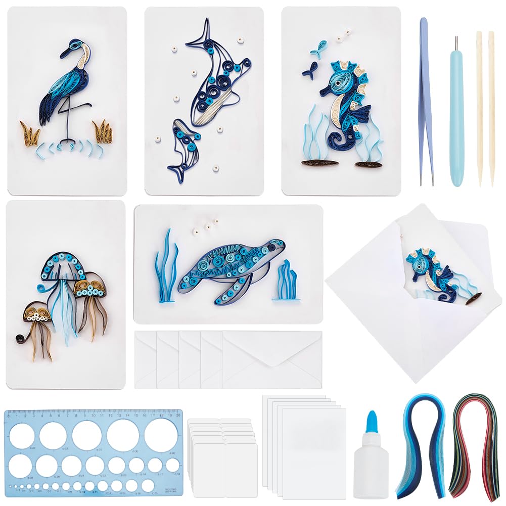 WEBEEDY 20 Sets Paper Quilling Kit for Adults Beginners 5 Styles Sea Animals Quilling Greeting Card Making Kit with Instruction DIY Turtles Dolphins Flamingos Jellyfish Seahorses Cards for Birthday WEBEEDY