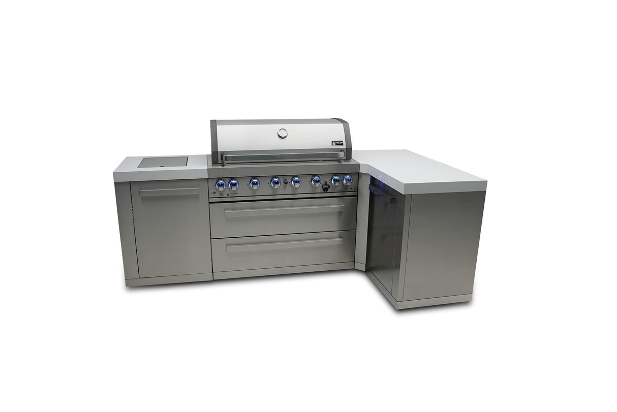 Mont Alpi MAi805-90 44-inch 6-Burner 115000 BTU 90 Degree Corner Stainless Steel Gas Outdoor Kitchen Bar Barbecue Island Grill + Infrared Side & Rear Burners + Granite Countertops + Storage Drawers Mont Alpi