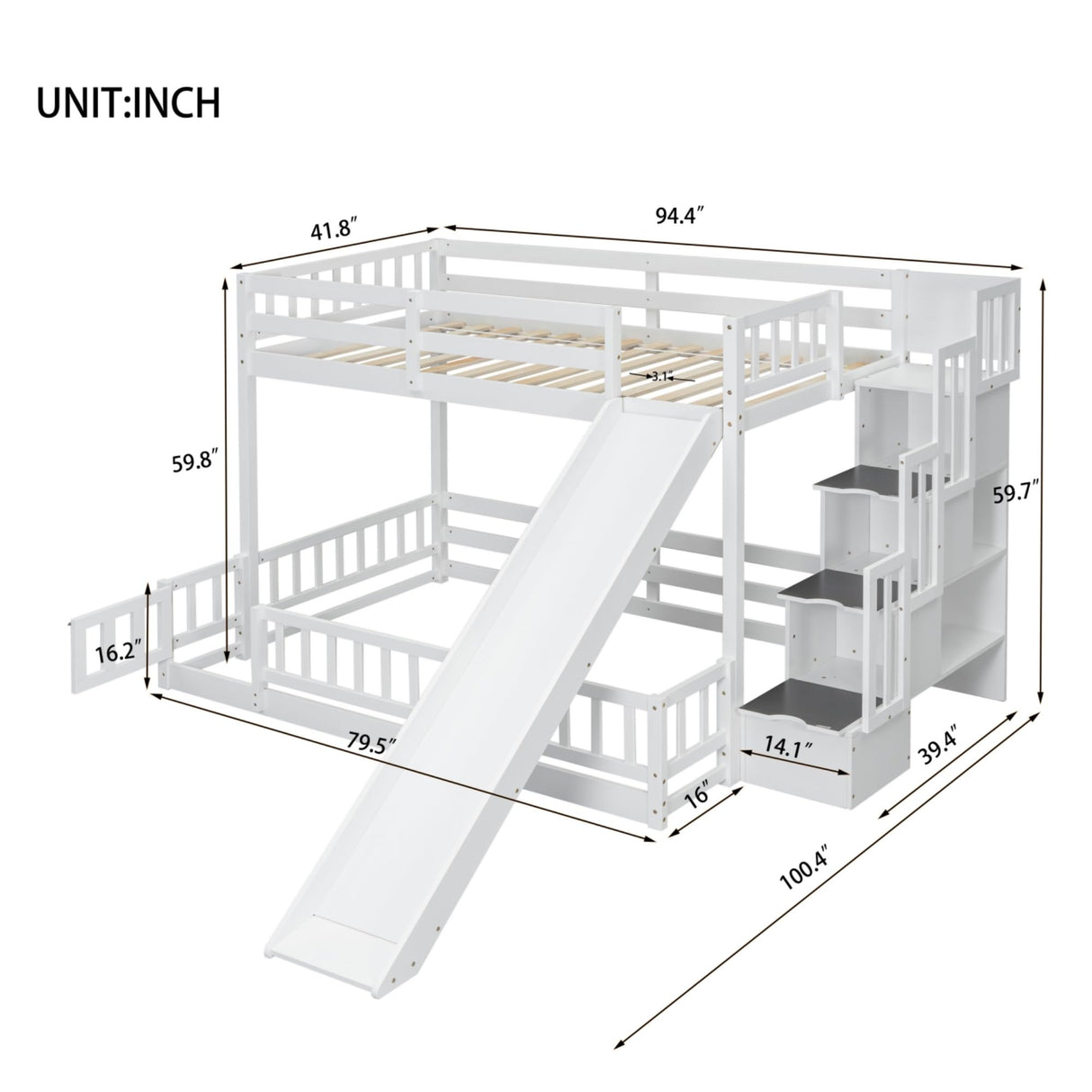 jurmiture Bunk Beds Twin Over Full Size, Pine Solid Wooden Bunk Bed with Slide, Storage Staircase, Safety Guardrails for Kids, White jurmiture