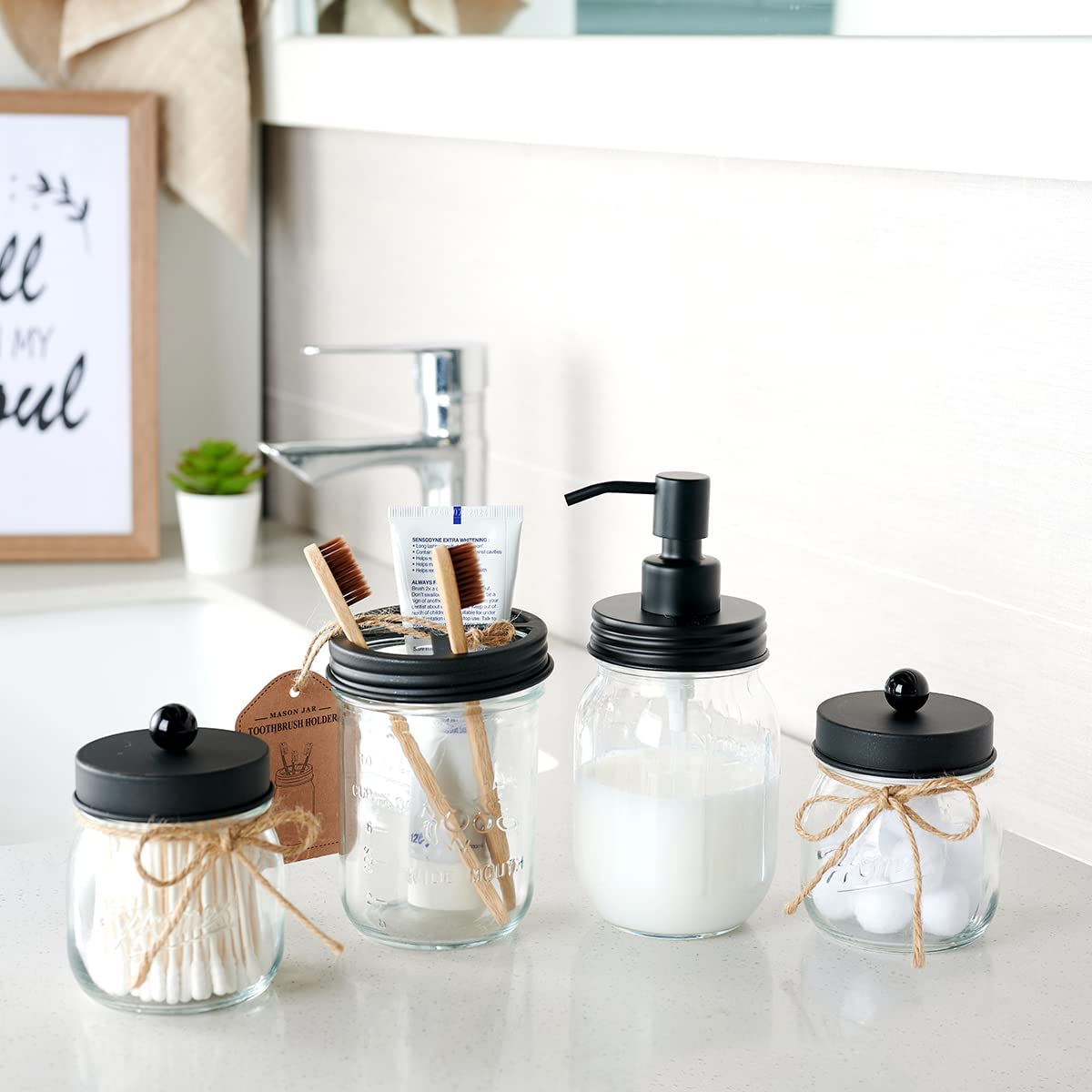 Amolliar Mason Jar Bathroom Accessories Set 4 Pcs -Lotion Soap Dispenser & 2 Cotton Swab Holders & Toothbrush Holder - Rustic Farmhouse Decor, Bathroom Home Decor, Perfect Decorating Idea (Black) Amolliar