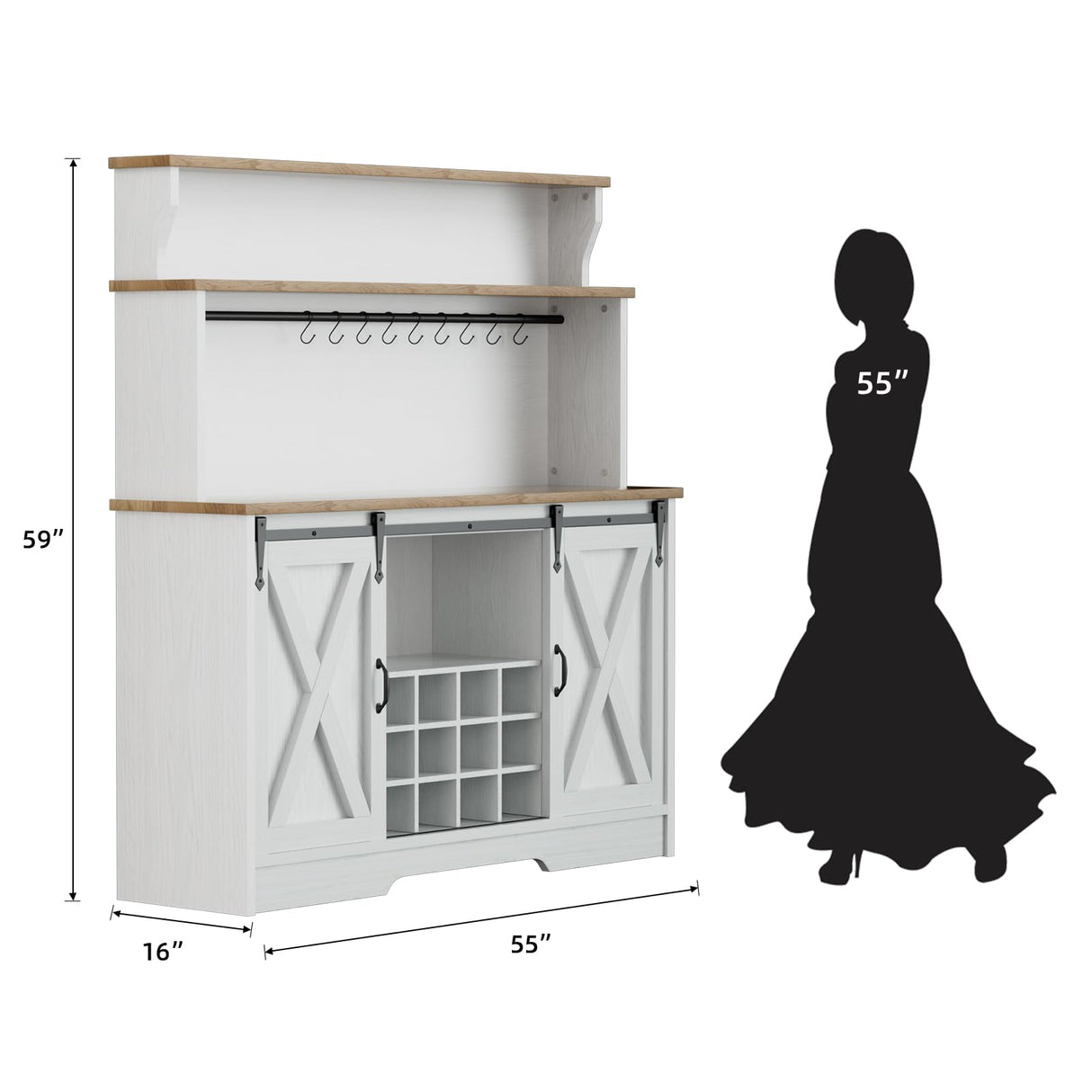 BestHaped 55'' Farmhouse Coffee Bar Cabinet with 3 Tier Storage Hutch, Coffee Bar Station with Sliding Barn Door, Hutch Storage Cabinet with 12 Wine Racks & 9 Hooks for Kitchen Dining Living Room BestHaped