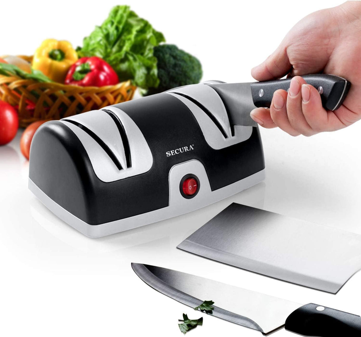 Secura 2-Stage Electric Knife Sharpener with Diamond Abrasives and Precision Angle Guides, Professional Sharpening Tool for Kitchen Straight Edge and Ceramic Knife, Black Secura