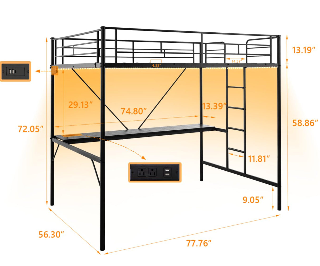 VINGLI Full Size Metal Loft Bunk Bed Frame for Kids Teens Adults with Desk Underneath,2 Charging Station,LED Lights,Safety Guardrail and Stair,No Box Spring Needed,Black VINGLI
