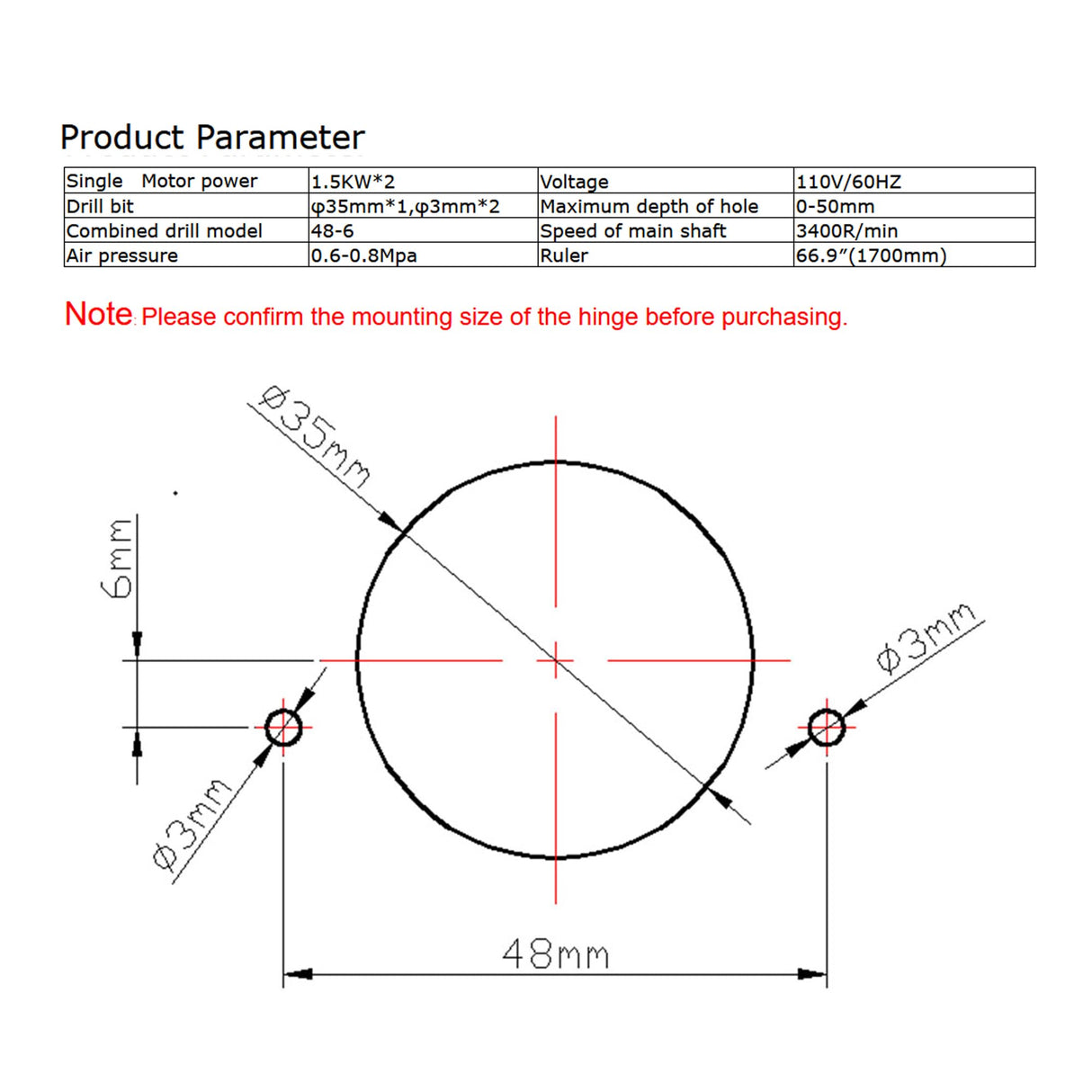 BREVELTION 110V Pneumatic Hinge Machine Woodworking Hinge Drilling Machine for Drilling Processing of Cabinets Wardrobes 48-6 Combined Drill 1.5KW*2 Double Station BREVELTION