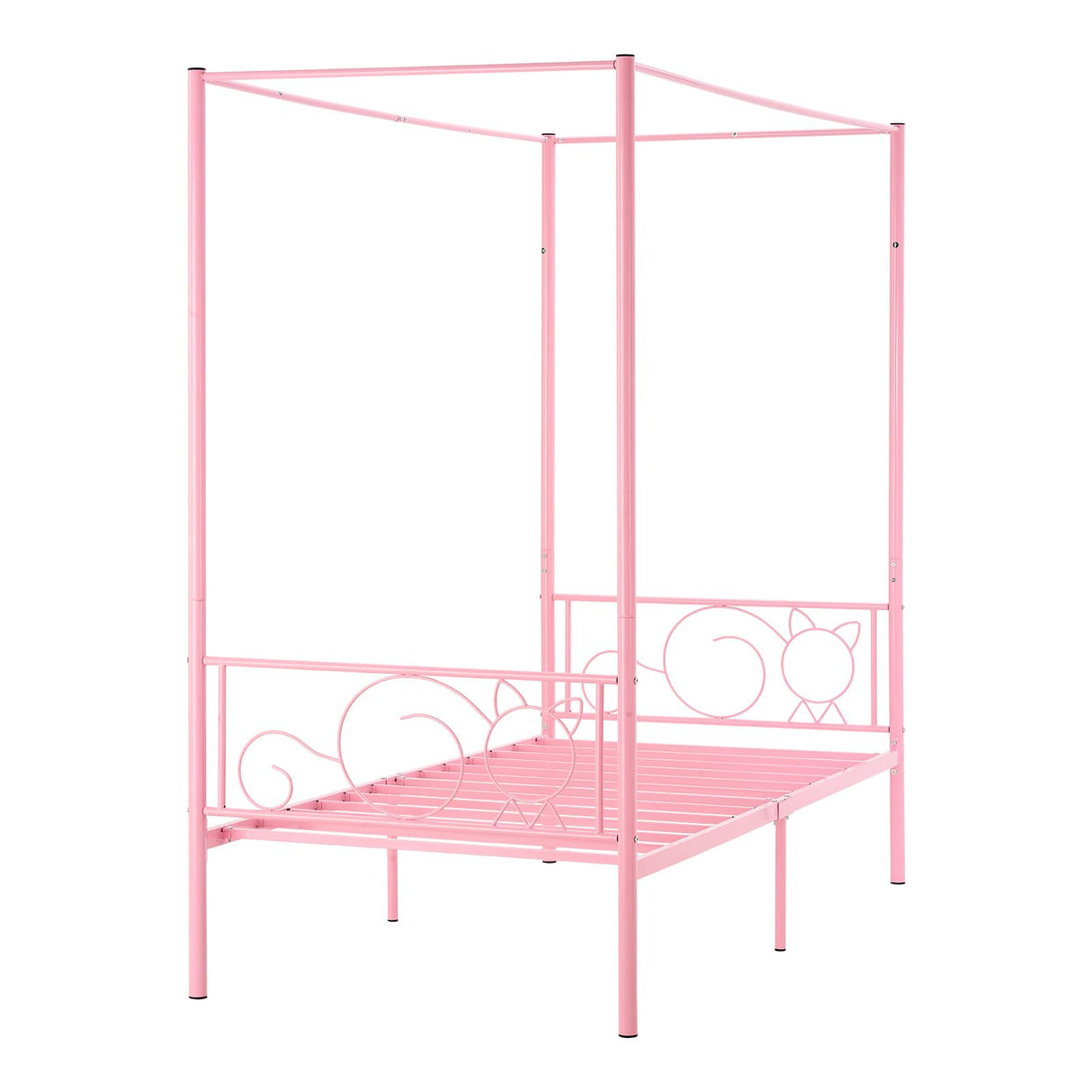 VEVOR Canopy Bed Frame Twin Size, Metal Canopy Bed with Minimalist Headboard & Four Posters Design, Heavy Duty Steel Slats Support, Underbed Storage Space, No Box Spring Needed, Easy Assembly, Pink VEVOR