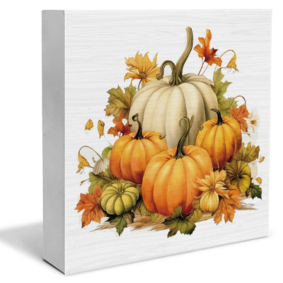 Pumpkin Decor Farmhouse Fall Decorations Harvest Wooden Block Sign Home Indoor Decor 5 x 5 Inches