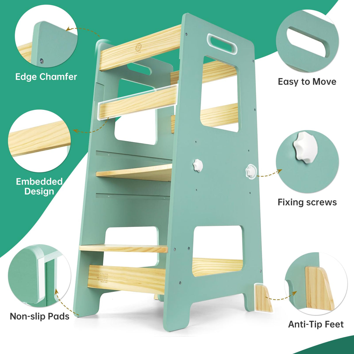 WOOD CITY Kitchen Step Stool - Safe Montessori Standing Tower for Kids with Safety Rail, Height Adjustable Toddler Ideal Helper for Learning New Skills, Anti-Slip Protection for Bathroom - Green… WOOD CITY