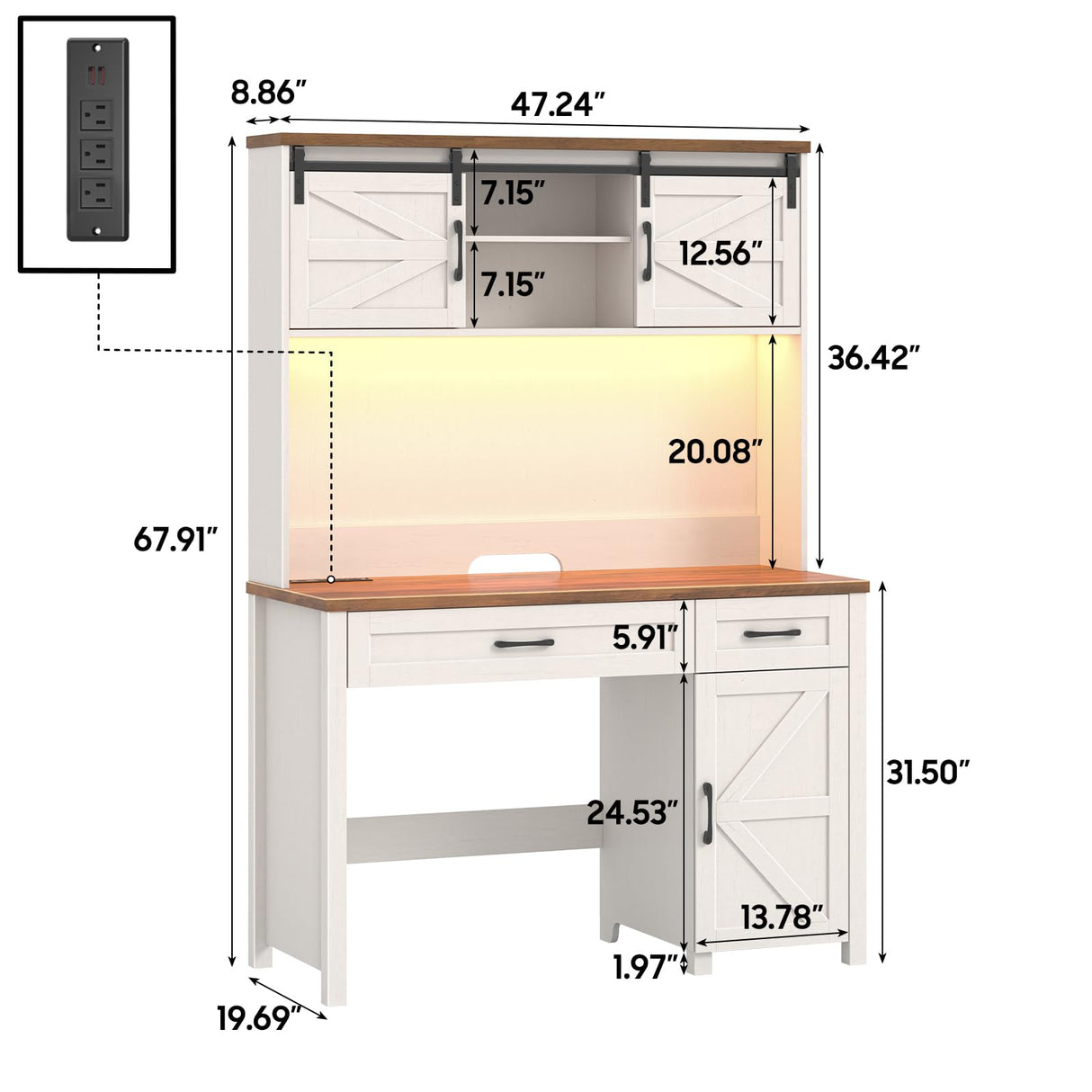 Vabches Farmhouse 47" Executive Desk, Computer Desk with 2 Drawers, LED Light and Storage Cabinet, Home Office Desk with Hutch, Charging Hub, Workstation for Home Office and Study.Unique White Vabches