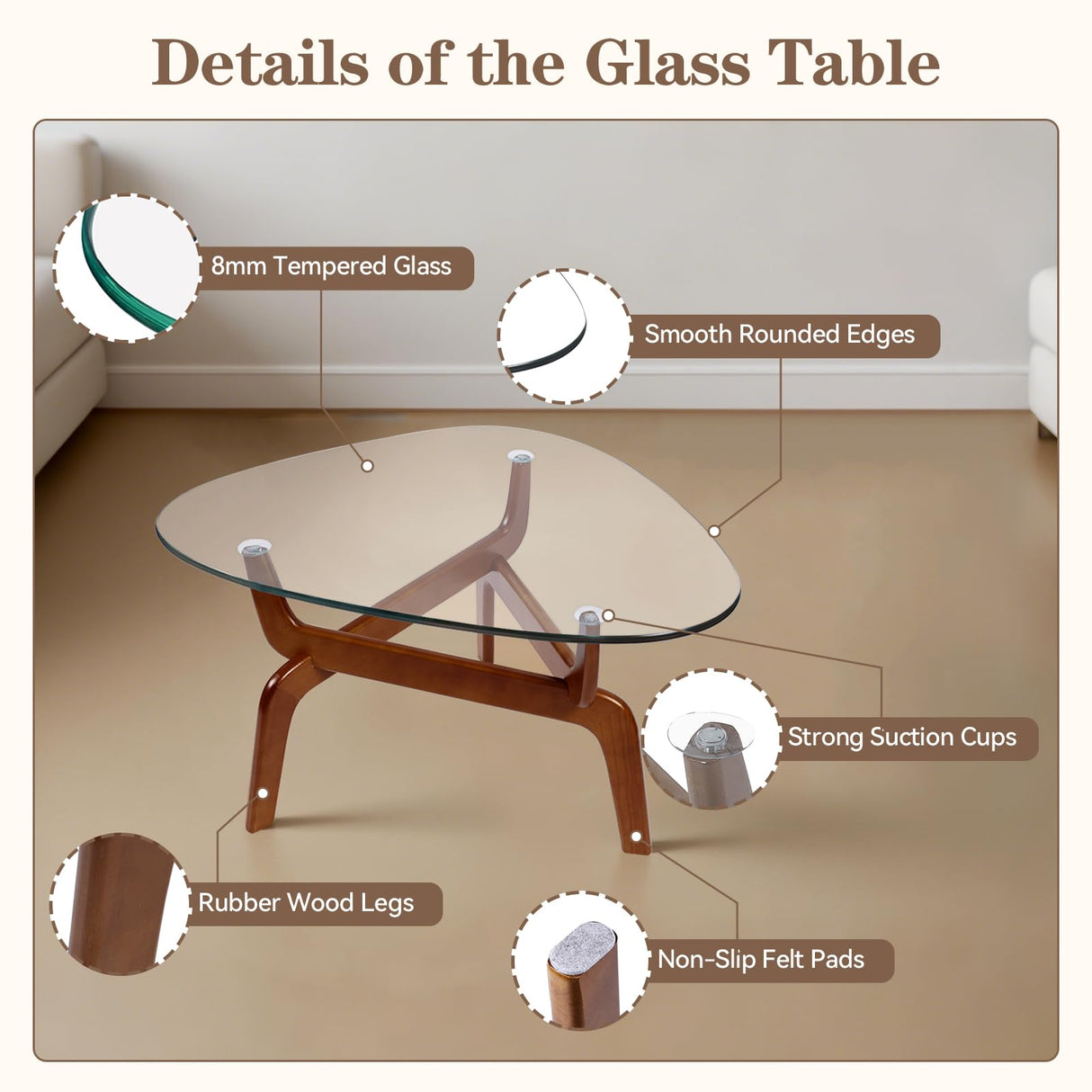 Glass Coffee Tables for Living Room, Triangle Coffee Table with Non-Tip Rubber Wood Base, Morden Tea Table with Tempered Glass Top | Perfect for Homes with Kids/Pets, Office, Apartment (Brown) DUO GE MAO
