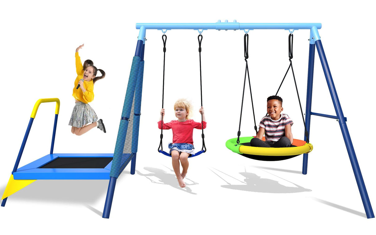 440lbs Kids Swing Set, 3-in-1 Outdoor Playground with Saucer Swing, Belt Seat & 4ft Trampoline, Heavy Duty A-Frame Metal Stand & Safety Stakes, Backyard Playset for Toddlers 3-8 Years Old JYGOPLA