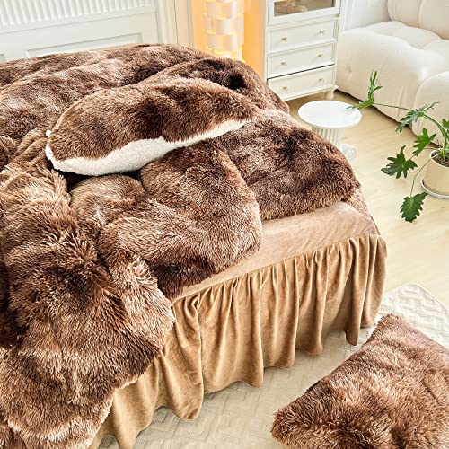 Luxury Faux Fur Shaggy Comforter Set Full/Queen Size, Plush & Sherpa Reversible Comforter Tie Dye Coffee, 3 Pieces Fluffy Fuzzy Bedding Set Ultra Soft and Warm for Winter (1 Comforter + 2 Pillowcases) Flysheep