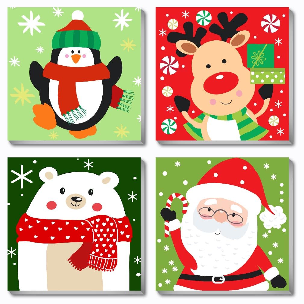 4 Pack Christmas Paint by Numbers Kits for Kids and Adults (with Frame), Cute Cartoon Christmas Paint by Number Kits on Canvas, Simple Acrylic Oil Painting for Beginners, Home Wall Decor 7.8x7.8Inch. Amzdiyfun