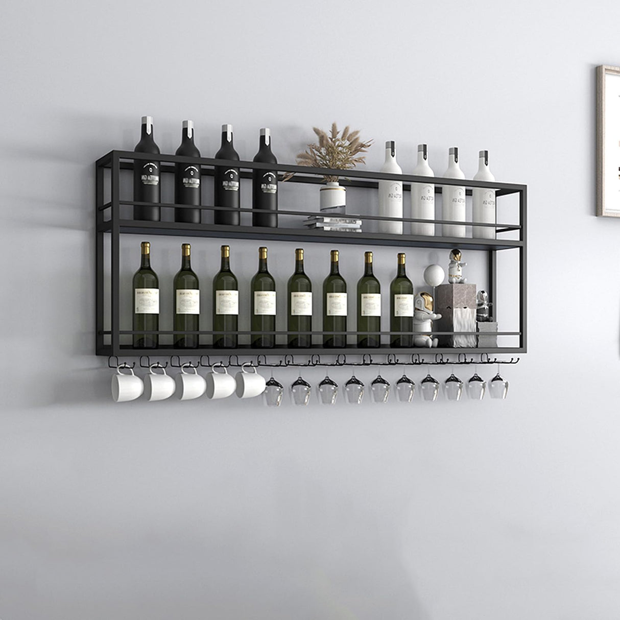Industrial Wall Mounted Wine Rack, 2-Tier Wood Wine Bottle Shelf with Stemware Rack, Black Wine Glass Rack Multi Functional Wine Storage Display Rack for Home Bar Dining Room Kitchen (39.3×7.8×26in) SPTZQURY
