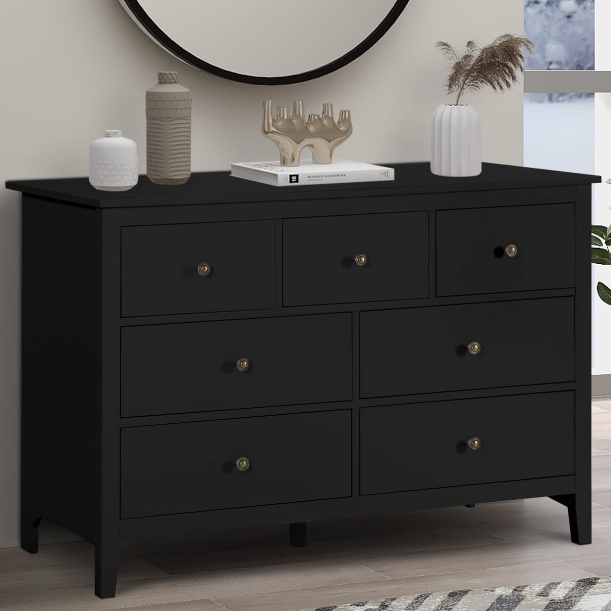 Vikiullf Black Dresser - Modern Dresser for Bedroom, Wooden 7 Drawer Dresser, Storage Cabinet for Bedroom,Living Room, Hallway, Entryway Vikiullf