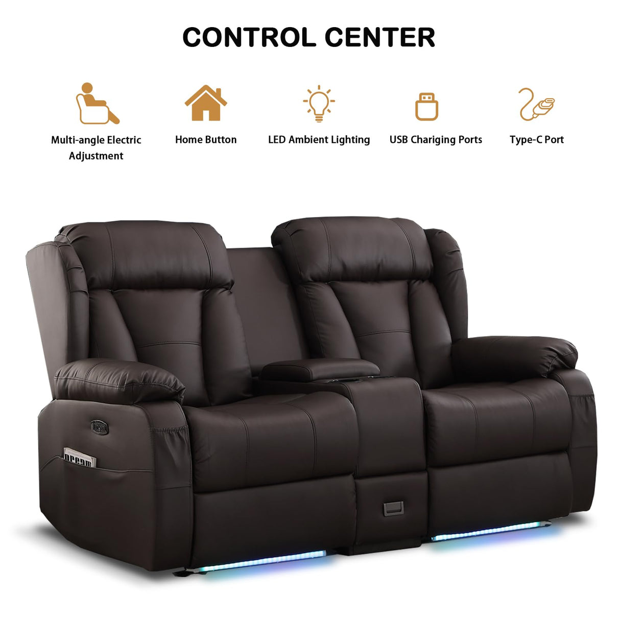 DUNELLA 66" Power Loveseat Recliner Sofa, Home Theater Seating with Console, Electric Recliner RV Sofa with USB/USB-C/Storage/Side Pocket/LED Light for Travel Trailers(Brown) DUNELLA